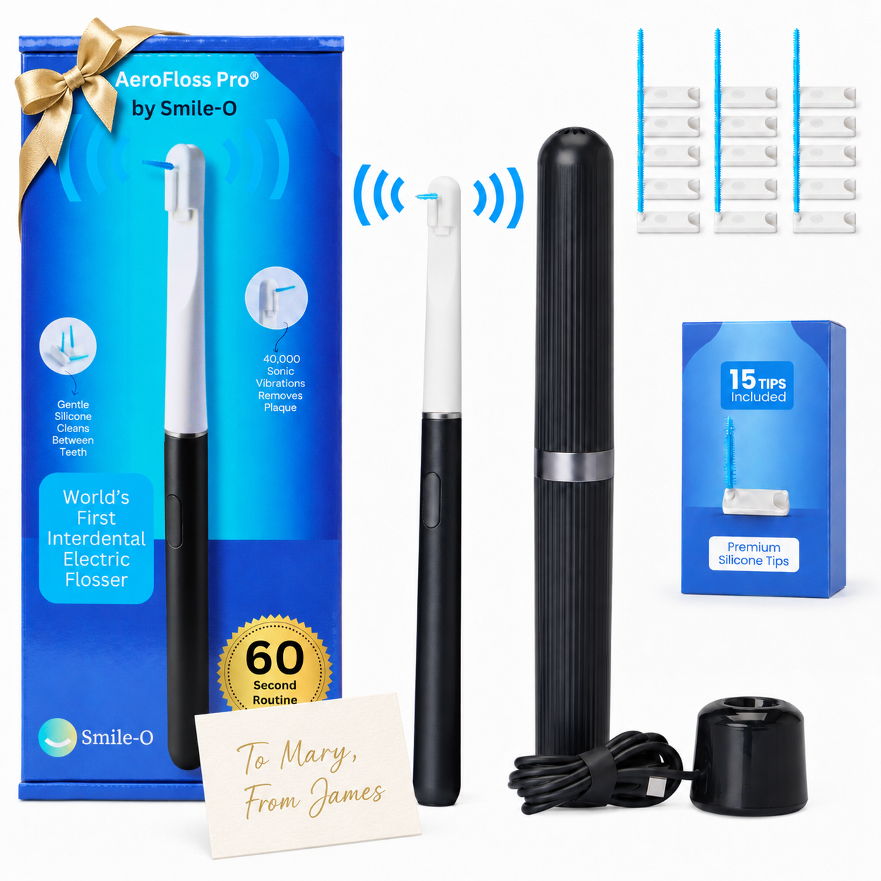 Smile-O AeroFloss Pro Gift Set – Unique Electric Flosser Gift for Someone Who Has Everything, Practical Wellness Gift & No Water Flosser