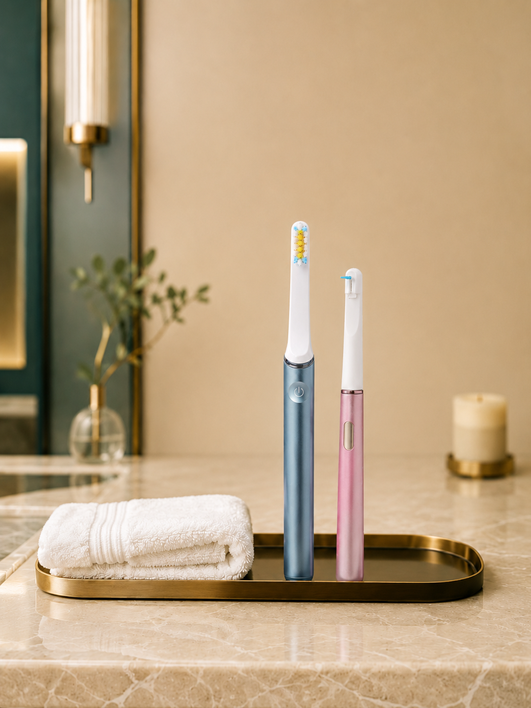 Smile-O amenities styled in a luxury guest bathroom