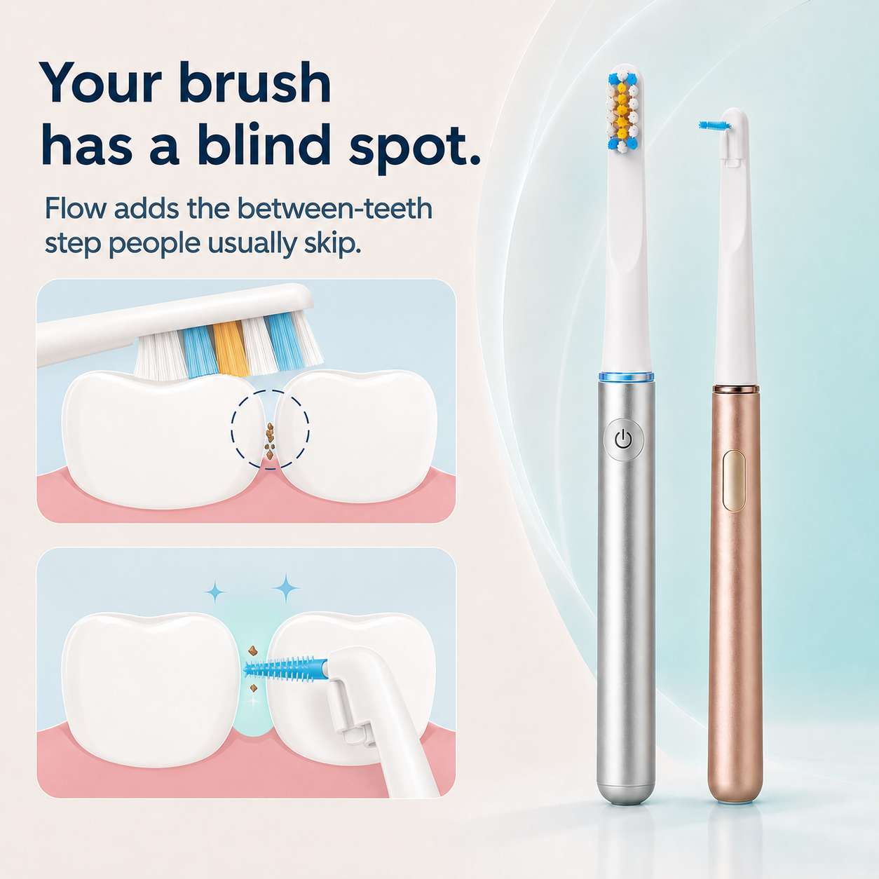 Electric flosser cleaning plaque between teeth where a toothbrush can't reach