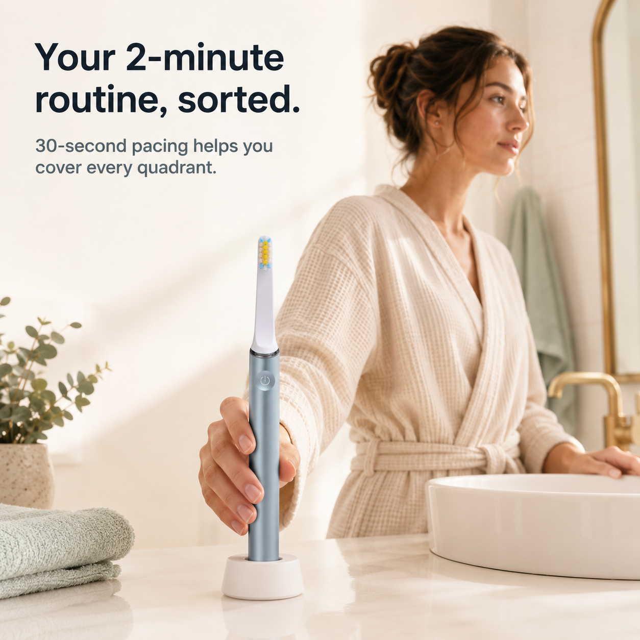 Woman using AeroBrush Pro portable electric toothbrush during morning routine