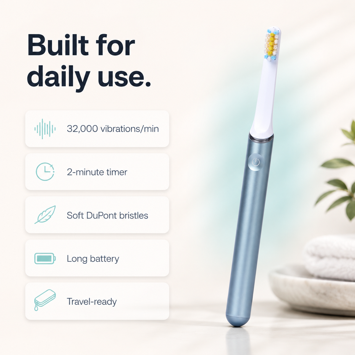Smile-O AeroBrush Pro - Portable Sonic Electric Toothbrush – Slim Aluminium Body, Made for Travel, DuPont Bristles