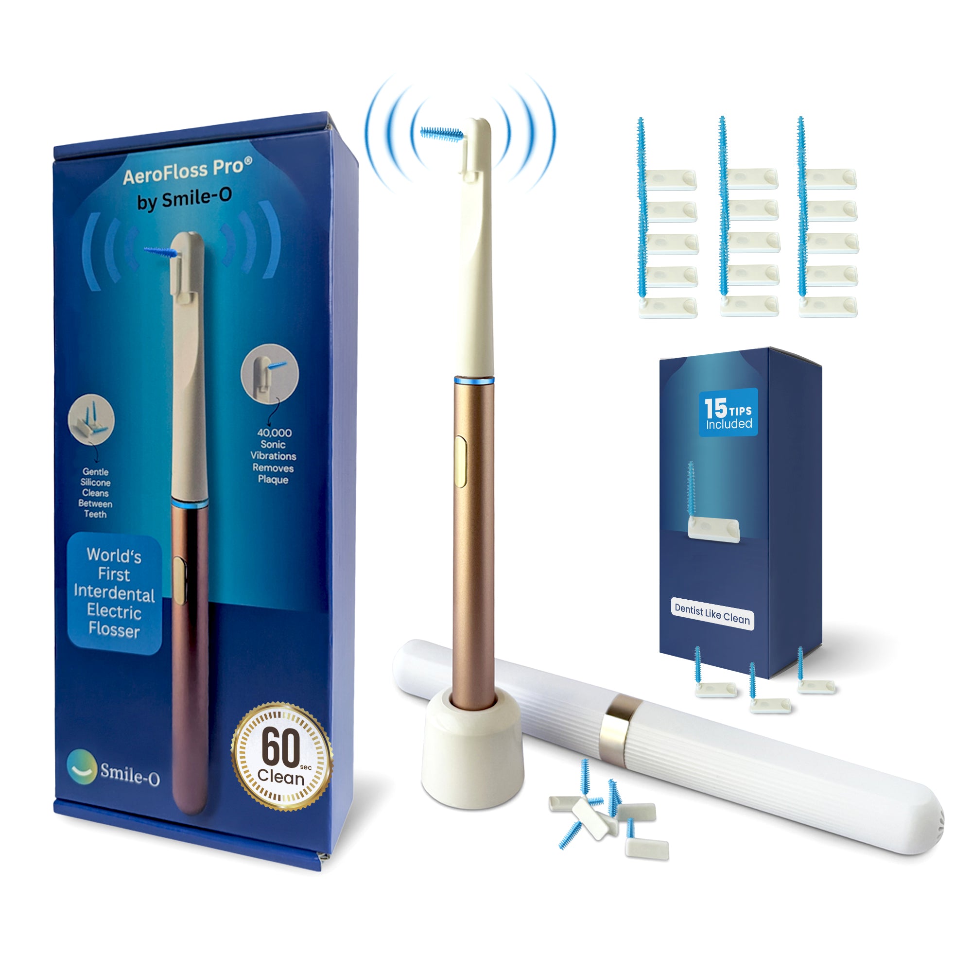 Smile-O AeroFloss Pro® Electric Flosser for Teeth, Sonic Plaque Remover, Soft Dental Picks, Interdental Brushes, Braces Flossers, Travel Case + Tips Inc