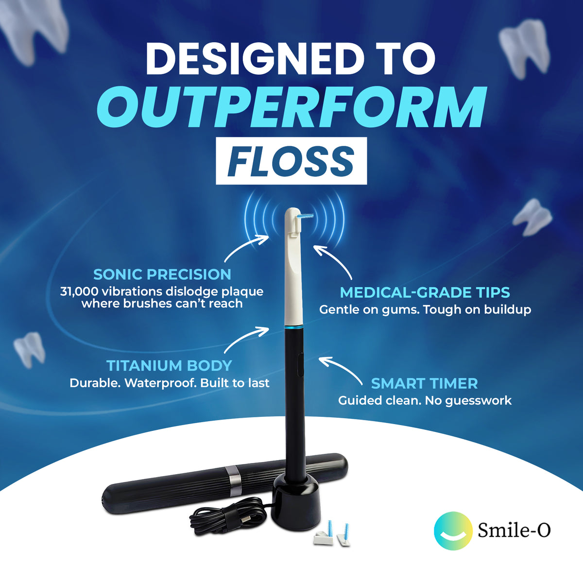 Smile-O AeroFloss Pro® Electric Flosser for Teeth, Sonic Plaque Remover, Soft Dental Picks, Interdental Brushes, Braces Flossers, Travel Case + Tips Inc