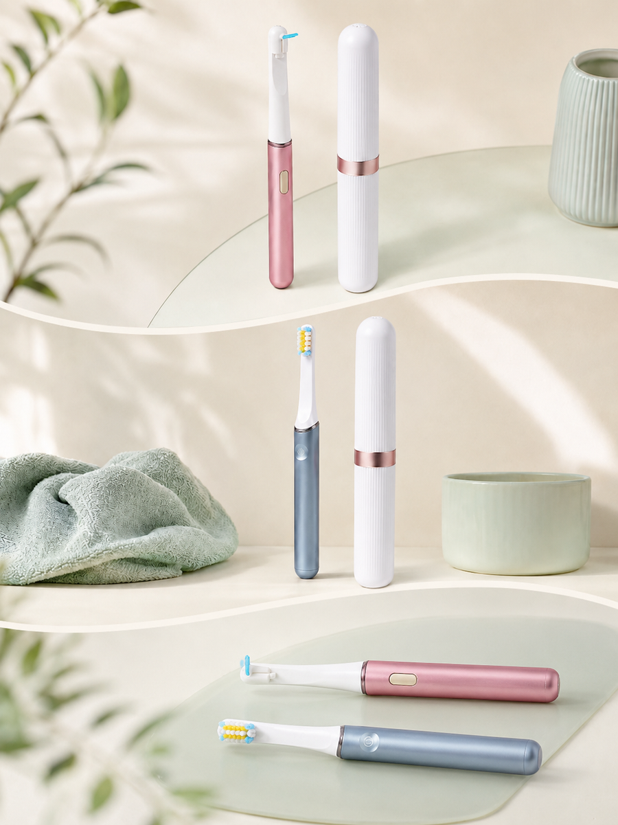 Flosser, toothbrush, then both resting together in an open travel case