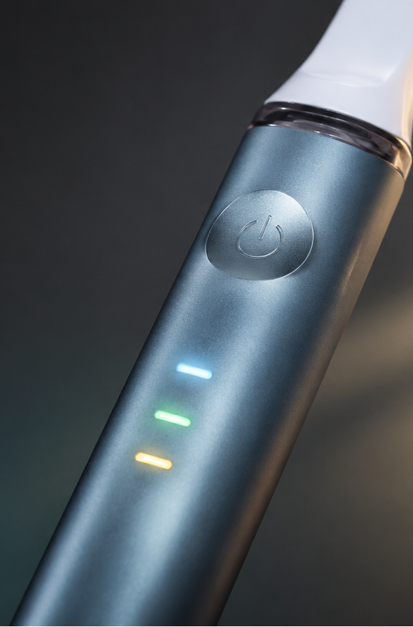 Close-up of AeroBrush Pro handle showing three glowing LED mode indicator lights