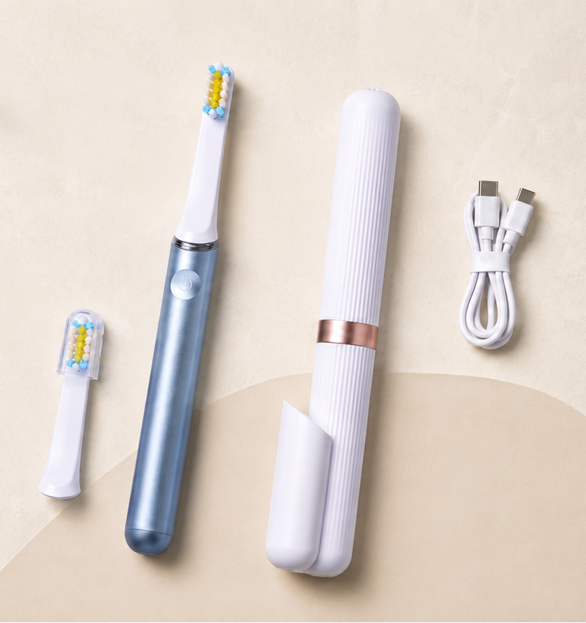 Flat lay of AeroBrush Pro, two brush heads, USB-C cable, travel case, and quick-start card