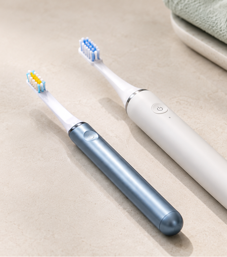 Slim AeroBrush Pro lying next to a standard bulky electric toothbrush, showing the difference in size