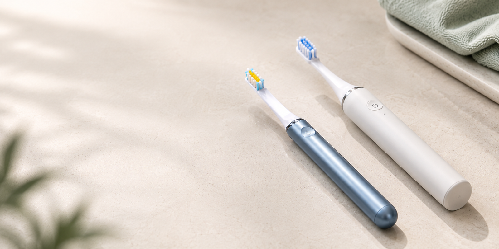 Slim AeroBrush Pro lying next to a standard bulky electric toothbrush, showing the difference in size