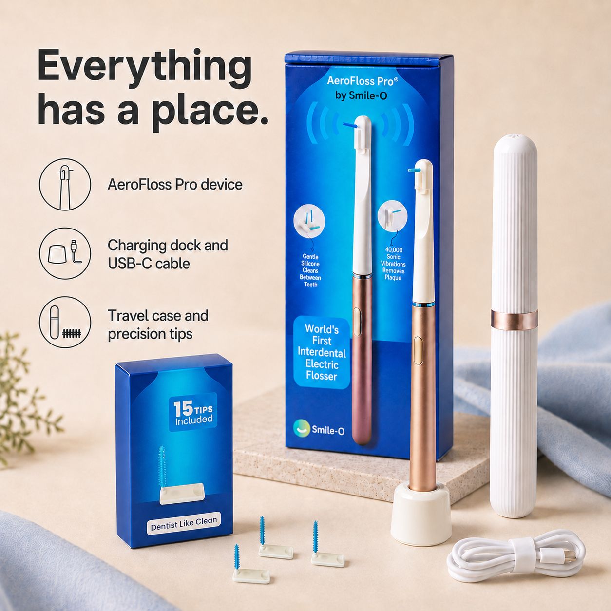 Smile-O AeroFloss Pro® Electric Flosser for Teeth, Interdental Brushes, Travel Case + Tips Inc