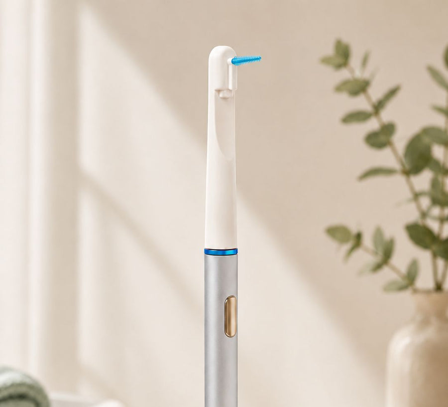 AeroFloss Pro sonic electric flosser with interdental tip mounted