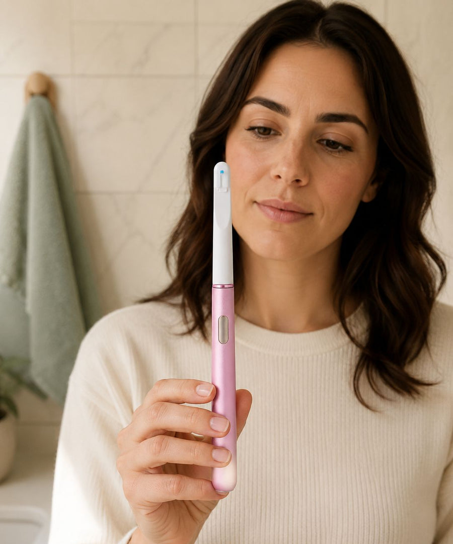 Person holding AeroFloss Pro in a bright bathroom