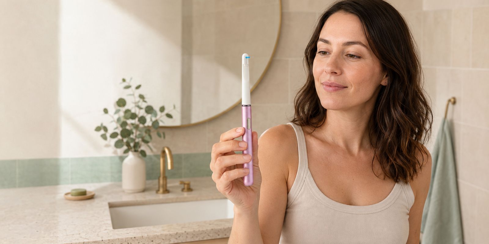 Person holding AeroFloss Pro in a bright bathroom