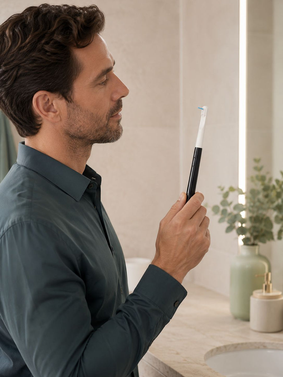 Person raising AeroFloss Pro toward their face mid-routine