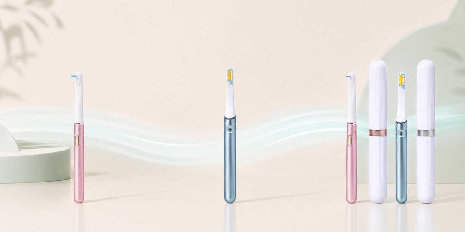 Flosser, toothbrush, then both resting together in an open travel case