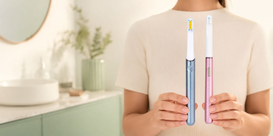 Person at a bathroom counter with AeroFloss Pro and AeroBrush Pro