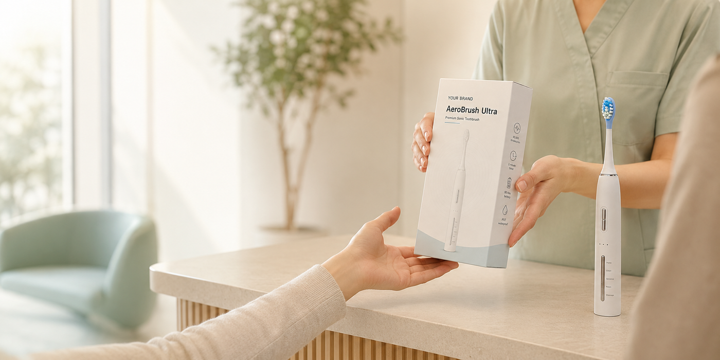 The Smile-O routine set on a bathroom counter in a patient home
