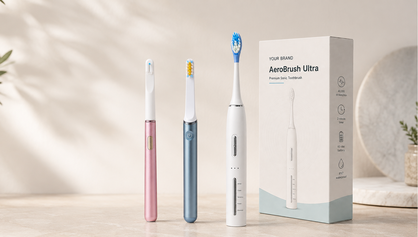 Three electric toothbrushes in pink, blue, and white are displayed next to their product packaging box on a light beige surface with soft leaf shadows.